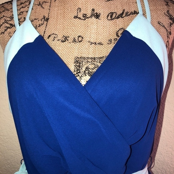 Tea & Cup Dress Blue Two Tone Dress Spaghetti Straps Gathered Waist Size Large - Picture 5 of 9
